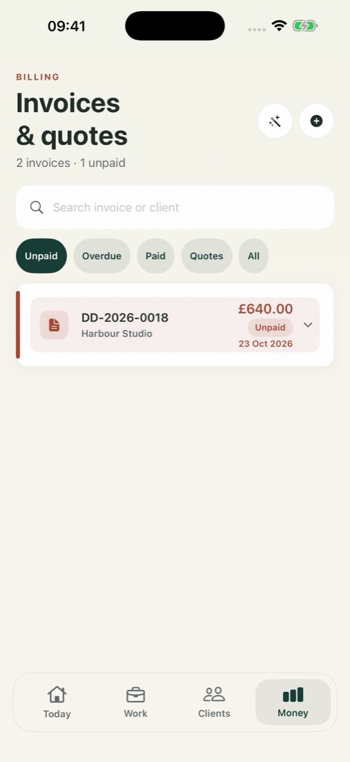 Invoices and quotes screen with an unpaid GBP invoice