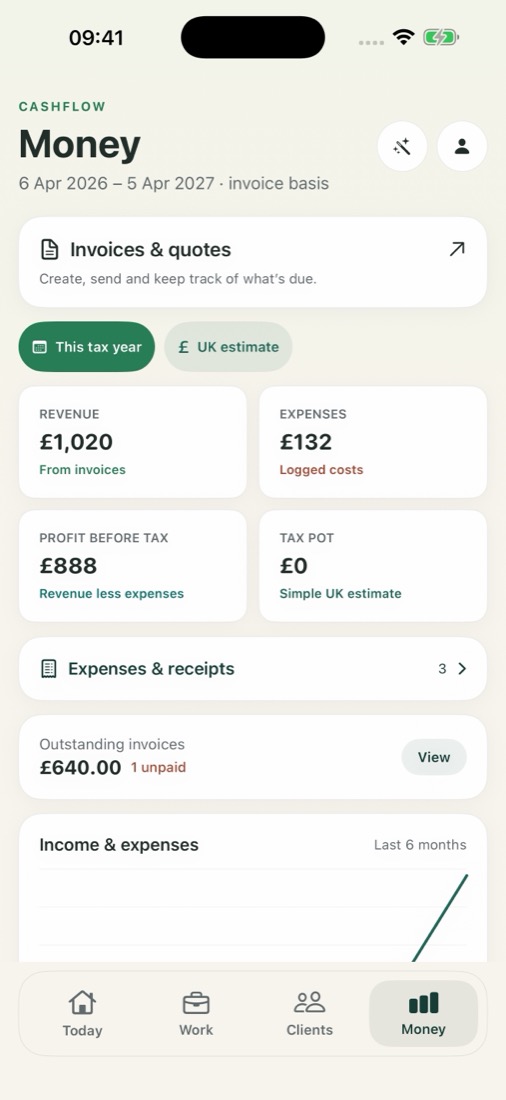 Money screen showing recorded invoice revenue, expenses and outstanding invoices
