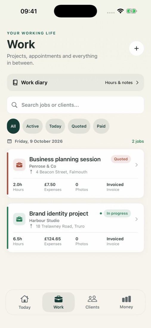Work screen showing a business planning session and a brand identity project